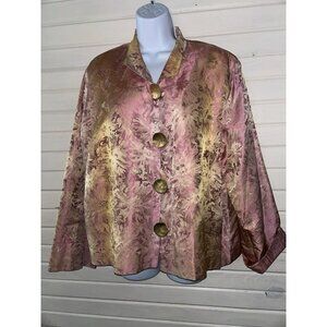 Caroline Rose Sz LARGE Shimmery Gold Pink Silk Button Front Jacket Lined EUC